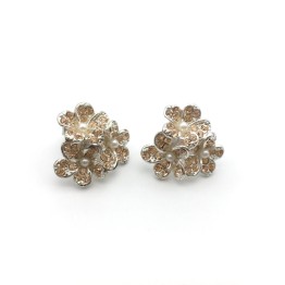 韓國花形水鑽鑲珍珠純銀針耳環-AE0003