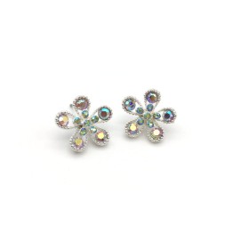 韓國花形彩色水鑽純銀針耳環-AE0006